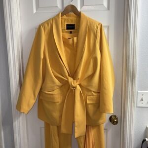 Eloquii Suit Set Tie Front Jacket/Wide Leg Pants w/Pleats At Bottom Gold Sz 20